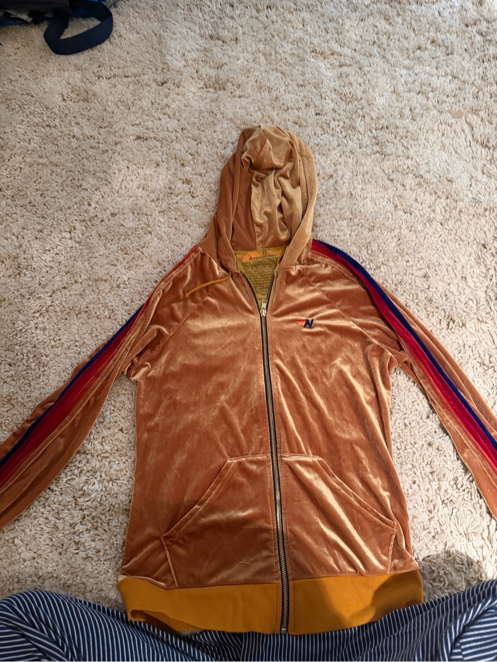 Aviator Nation Mustard Velvet Zip Hoodie with Red & Blue Stripe Sleeves
